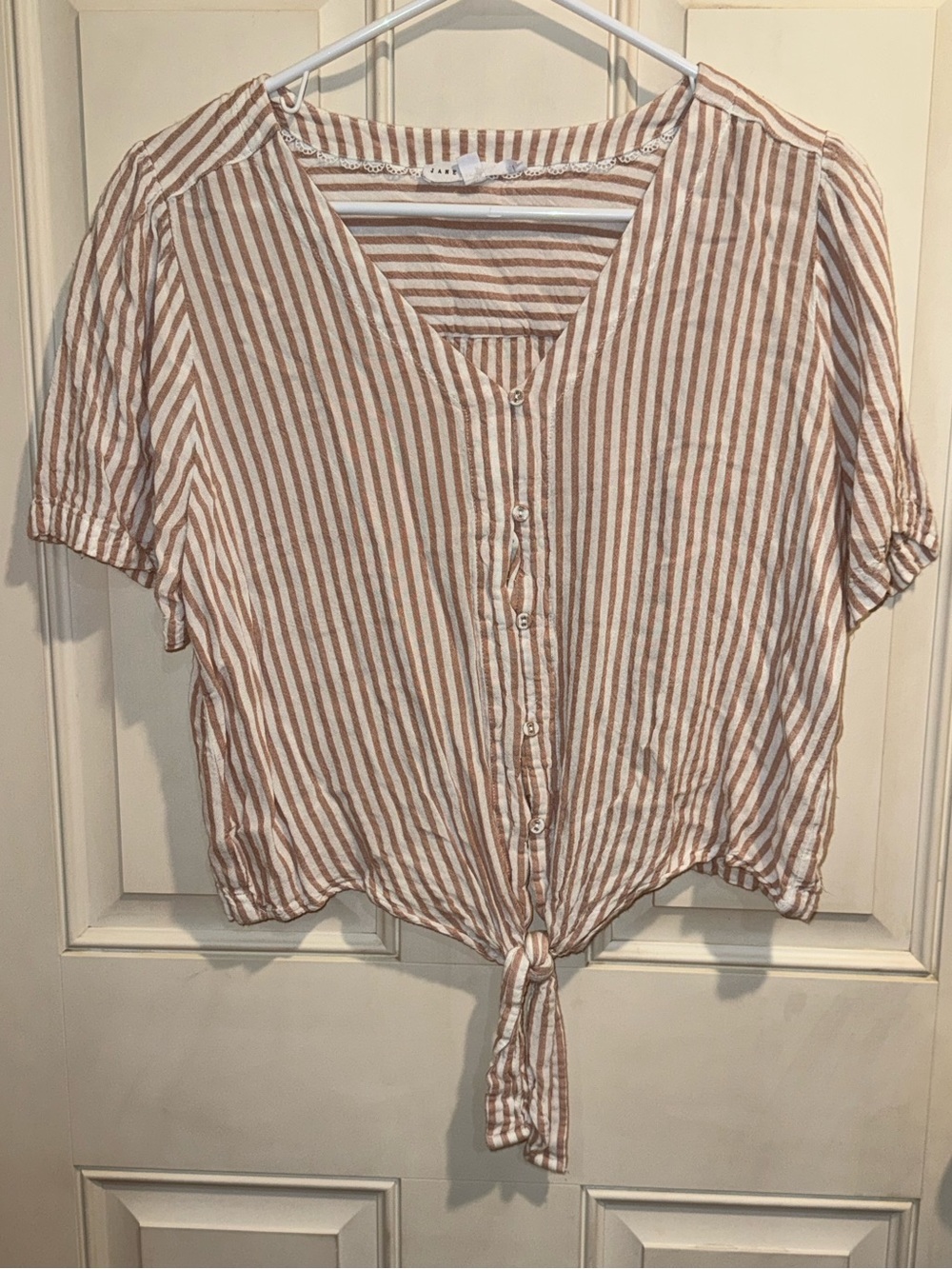 Jane and Delancey Cream and Brown Striped Tie-Front Button Shirt